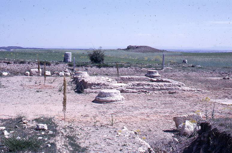 [Perspectiva general d'una estructura quadrangular amb bases de columna del jaciment romà de Clunia]