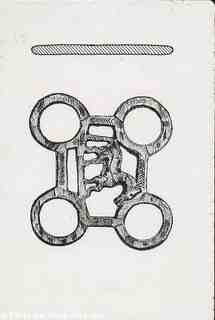 [Dibuix d'un d'una peça de decoració d'arnés, o fre de cavall, amb representació d'un cavall a la part central, procedent de Palència, col·lecció Fontaneda]