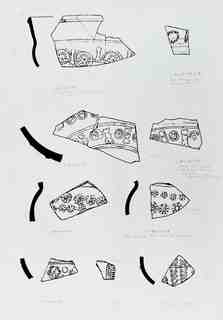 [Dibuix de peces de Terra Sigil·lata Hispànica procedents de les excavacions de la vil·la romana de La Olmeda, Palencia]