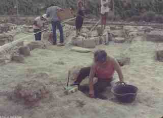 [Equip d'excavació treballant en la planimetria d'un sector del poblat d'El Bovalar]