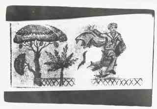 [Detall d'un mosaic amb personatge sobre cavall i gran arbre al lateral]